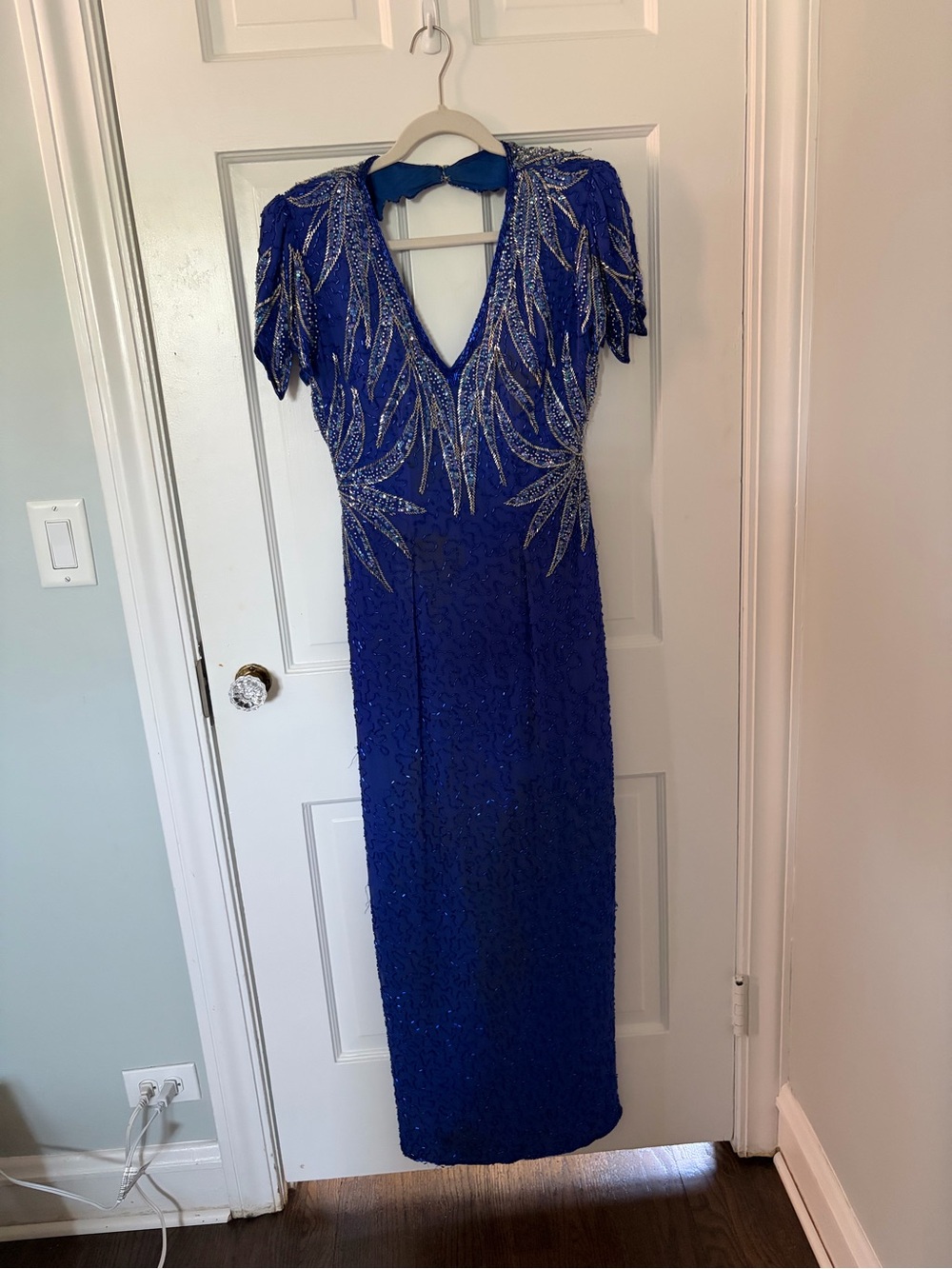 Vintage 1992 Royal Blue Beaded Evening Gown with Silver Embellishment